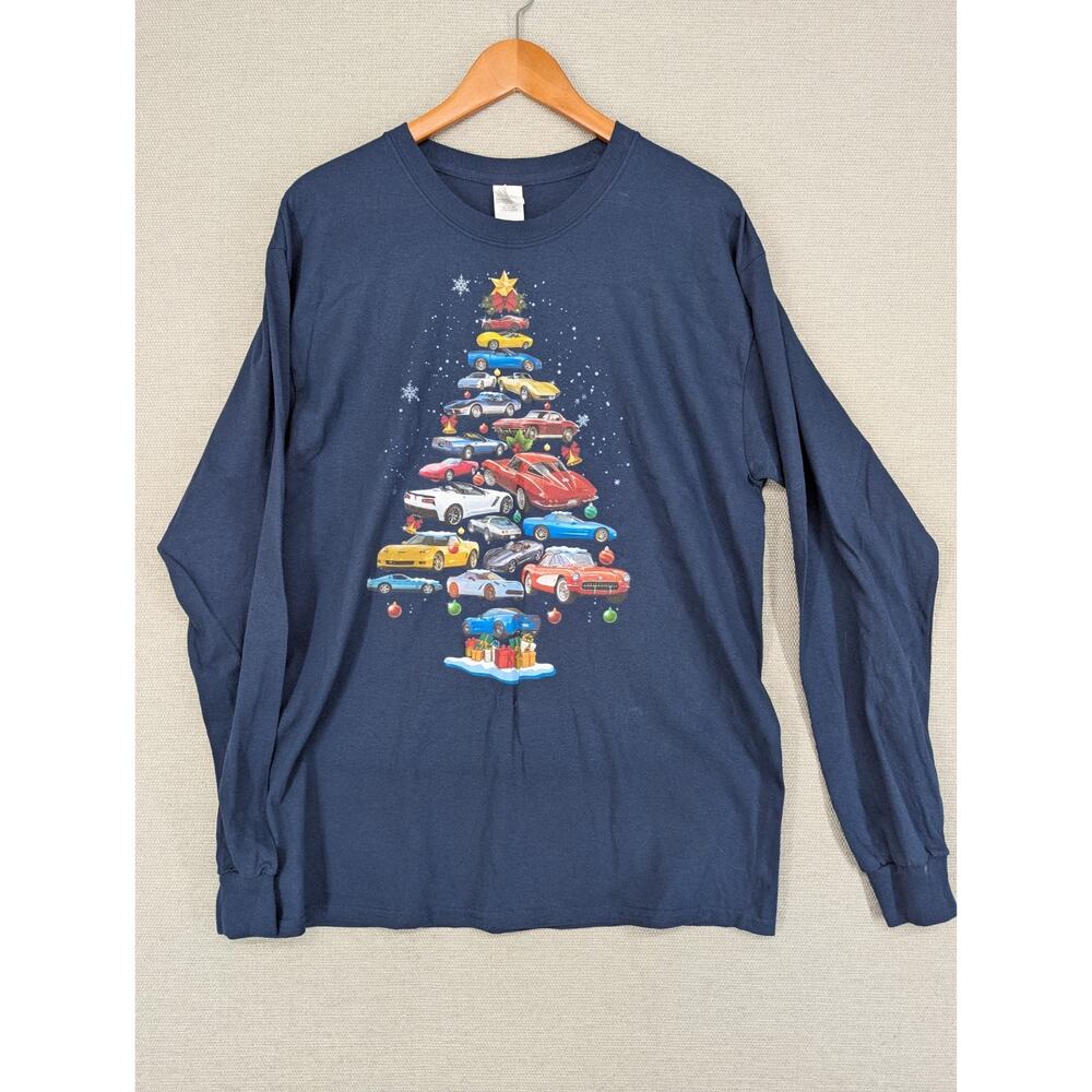 Classic Car Christmas Tree TShirt Size Large Long Sleeved Blue -0725F96
